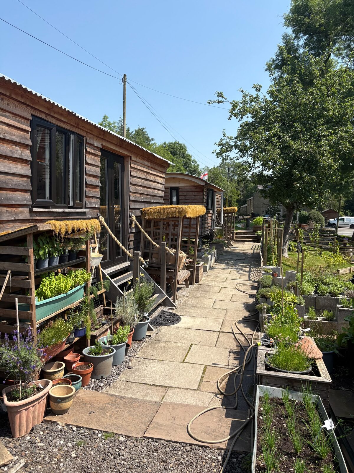 The shepherd's huts side by side along a flagged garden path lined with potted plants