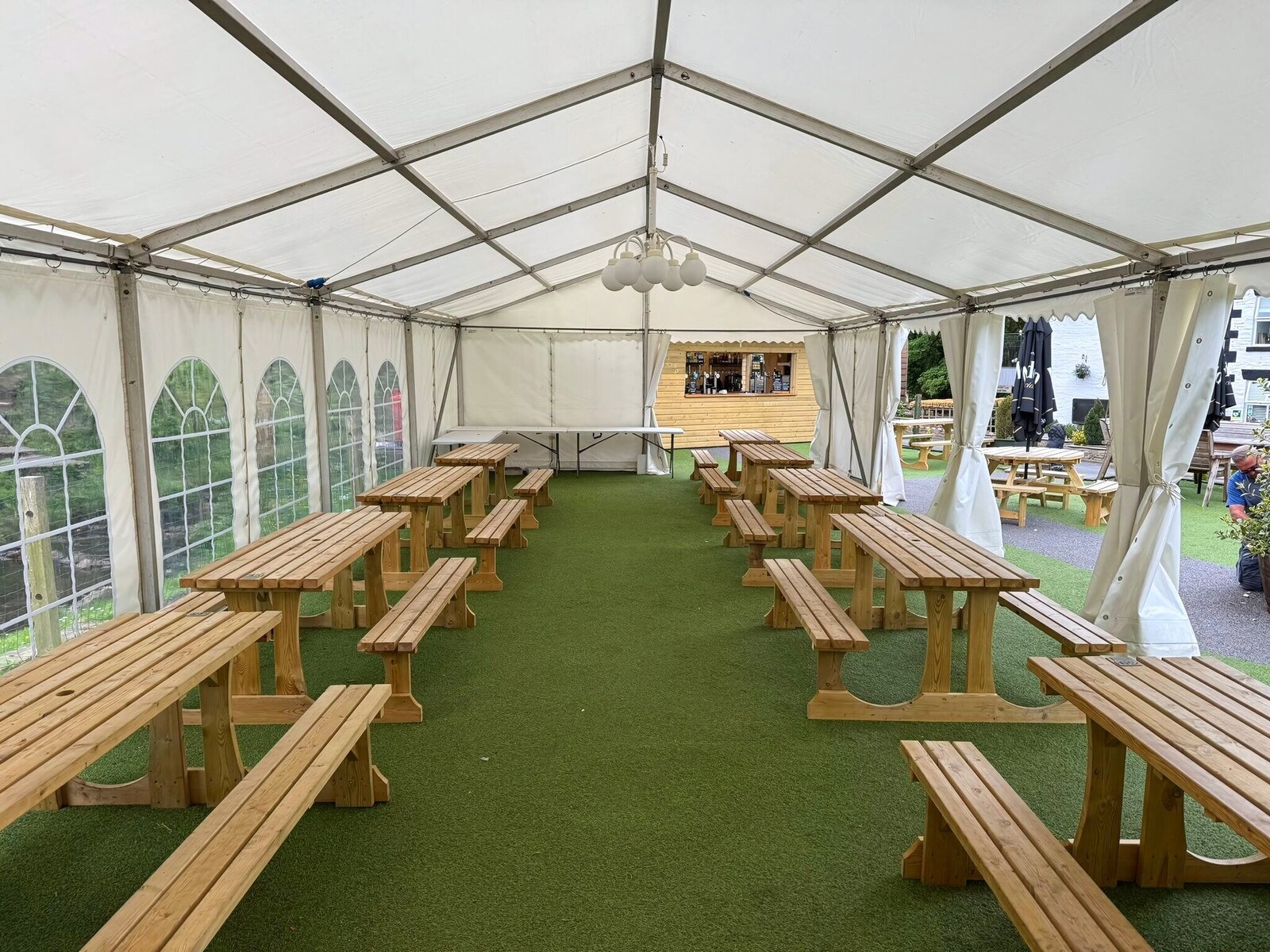 The wedding marquee at The Little Mill Inn, dressed and ready for guests